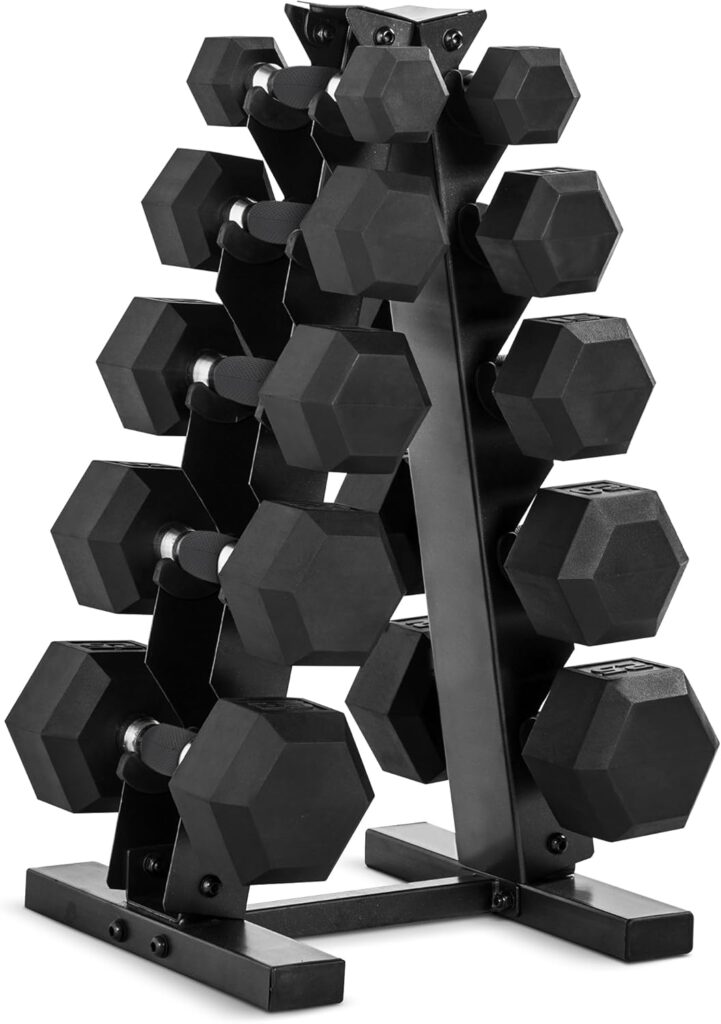 CAP Barbell 150lb Comfort Grip Rubber Encased Hex Dumbbell Set with Rack