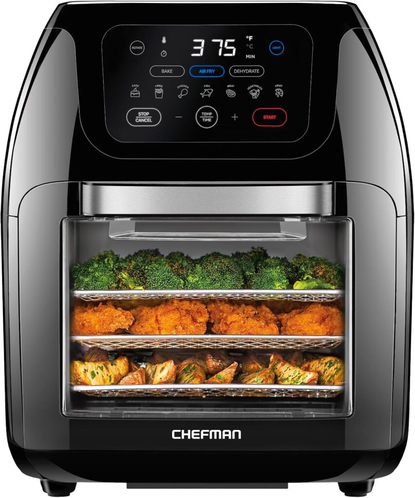 CHEFMAN Multifunctional Digital Air Fryer+ Rotisserie, Dehydrator, Convection Oven, 17 Touch Screen Presets Fry, Roast, Dehydrate, Bake, XL 10L Family Size, Auto Shutoff, Large Easy-View Window, Black