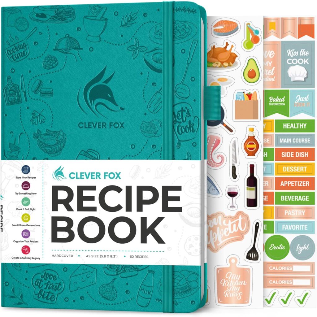 Clever Fox Recipe Book - Make Your Own Family Cookbook Blank Recipe Notebook Organizer, Empty Cooking Journal to write in recipes, A5, stores 60 recipes, Turquoise