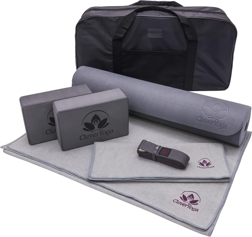 Clever Yoga Set - Complete Beginners 7-Piece Yoga Kit includes 6mm Thick Yoga Mat, 2 Yoga Blocks, Yoga Strap, Mat Towel, Hand Towel and Carrying Bag for Women and Men