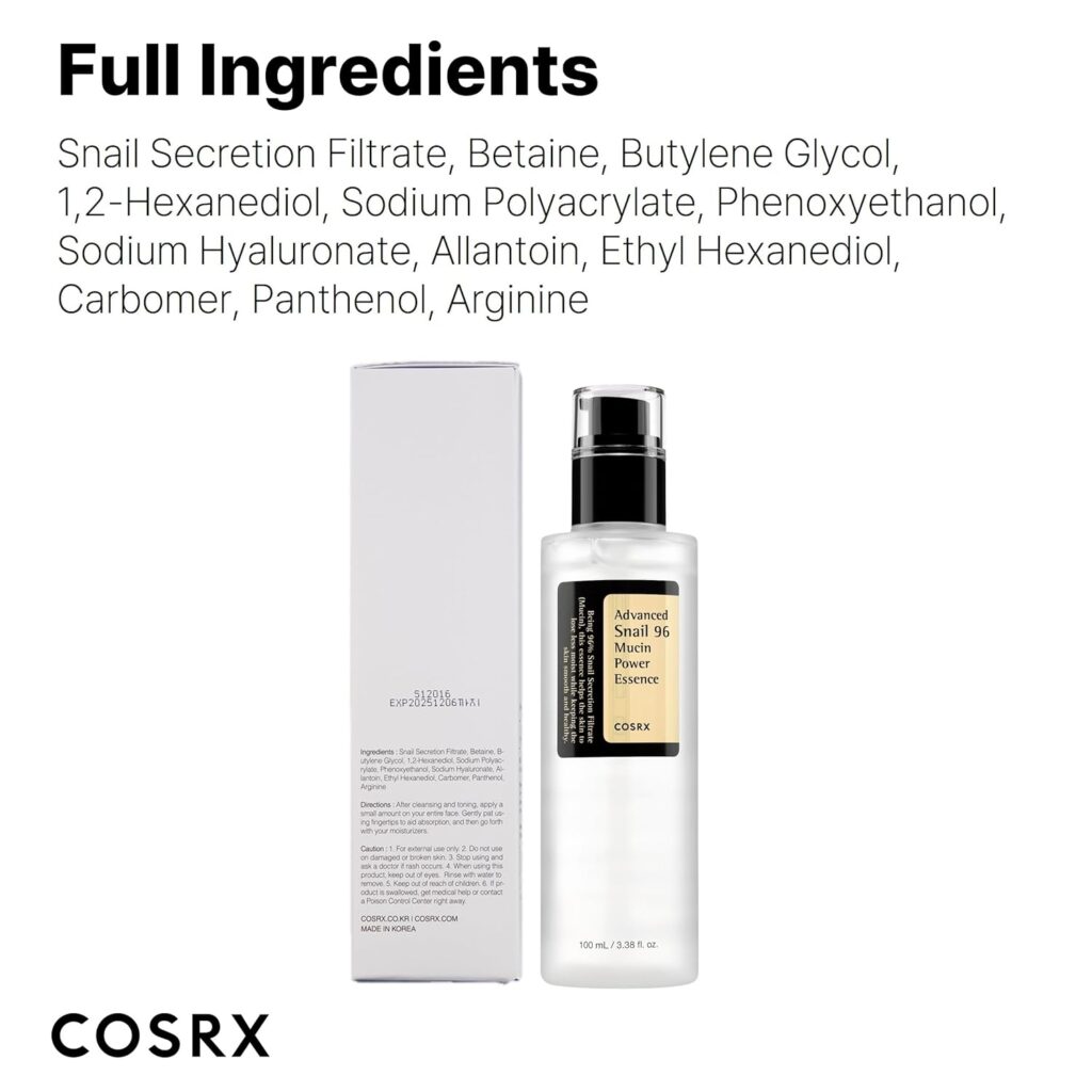 COSRX Snail Mucin 96% Power Repairing Essence 3.38 fl.oz 100ml, Hydrating Serum for Face with Snail Secretion Filtrate for Dull Skin Fine Lines, Korean Skincare