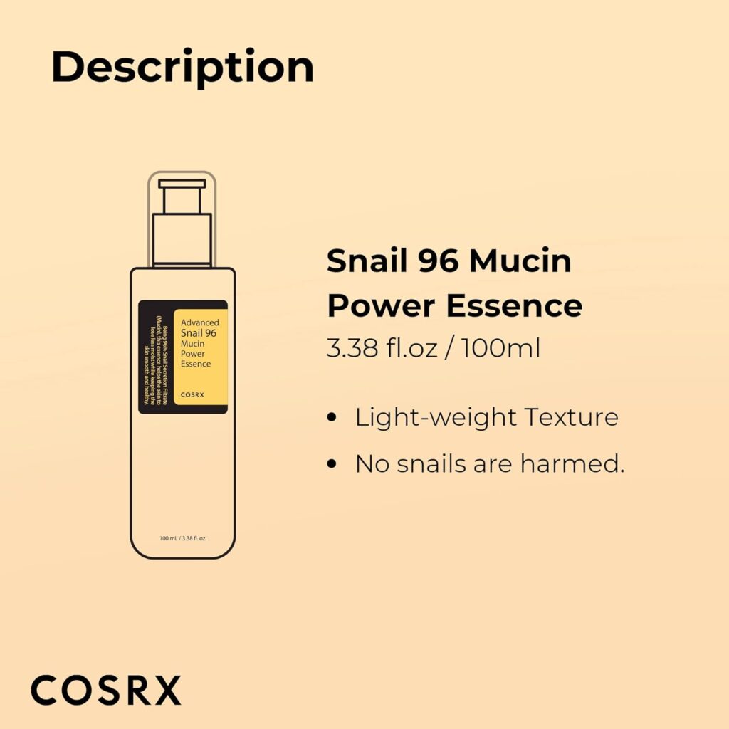 COSRX Snail Mucin 96% Power Repairing Essence 3.38 fl.oz 100ml, Hydrating Serum for Face with Snail Secretion Filtrate for Dull Skin Fine Lines, Korean Skincare