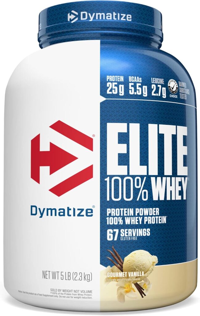 Dymatize Elite 100% Whey Protein Powder, 25g Protein, 5.5g BCAAs 2.7g L-Leucine, Quick Absorbing Fast Digesting for Optimal Muscle Recovery, Gourmet Vanilla, 5 Pound, 67 Servings