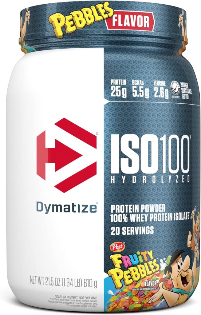 Dymatize ISO100 Hydrolyzed Protein Powder, 100% Whey Isolate Protein, 25g of Protein, 5.5g BCAAs, Gluten Free, Fast Absorbing, Easy Digesting, Fruity Pebbles, 20 servings