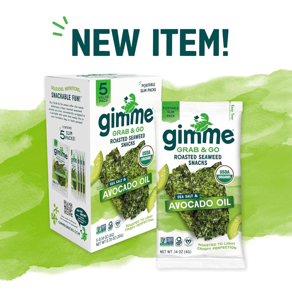 Gimme Seaweed Grab Go - Sea Salt - 5 Count - Organic Roasted Seaweed Sheets - Keto Vegan Gluten Free - Great Source of Iodine Omega 3’s - Healthy On-The-Go Snack for Kids Adults