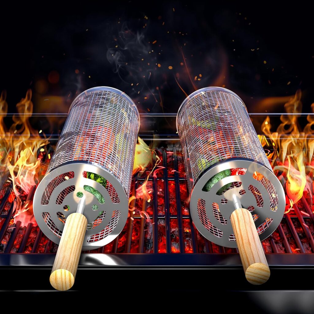 Grill Basket 2PCS Rolling Grill Baskets with Handle BBQ Grill Basket for Outdoor Grill Barbecue Stainless Steel Accessories