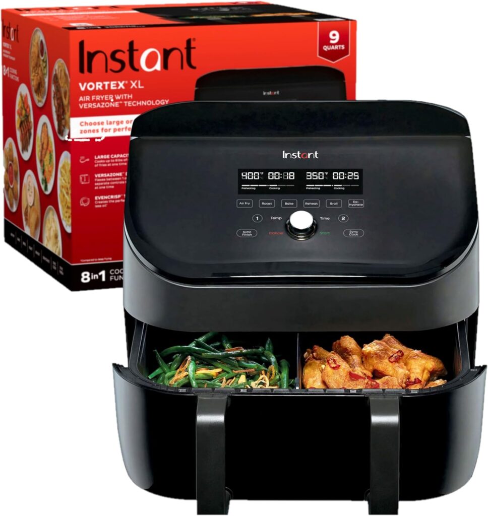 Instant VersaZone 9QT Air Fryer, 8-in-1 Functions with EvenCrisp Technology, Crisps, Broils, Bakes, Roasts, Dehydrates, Reheats at Same or Different Temperature, from the Makers of Instant Pot, Black