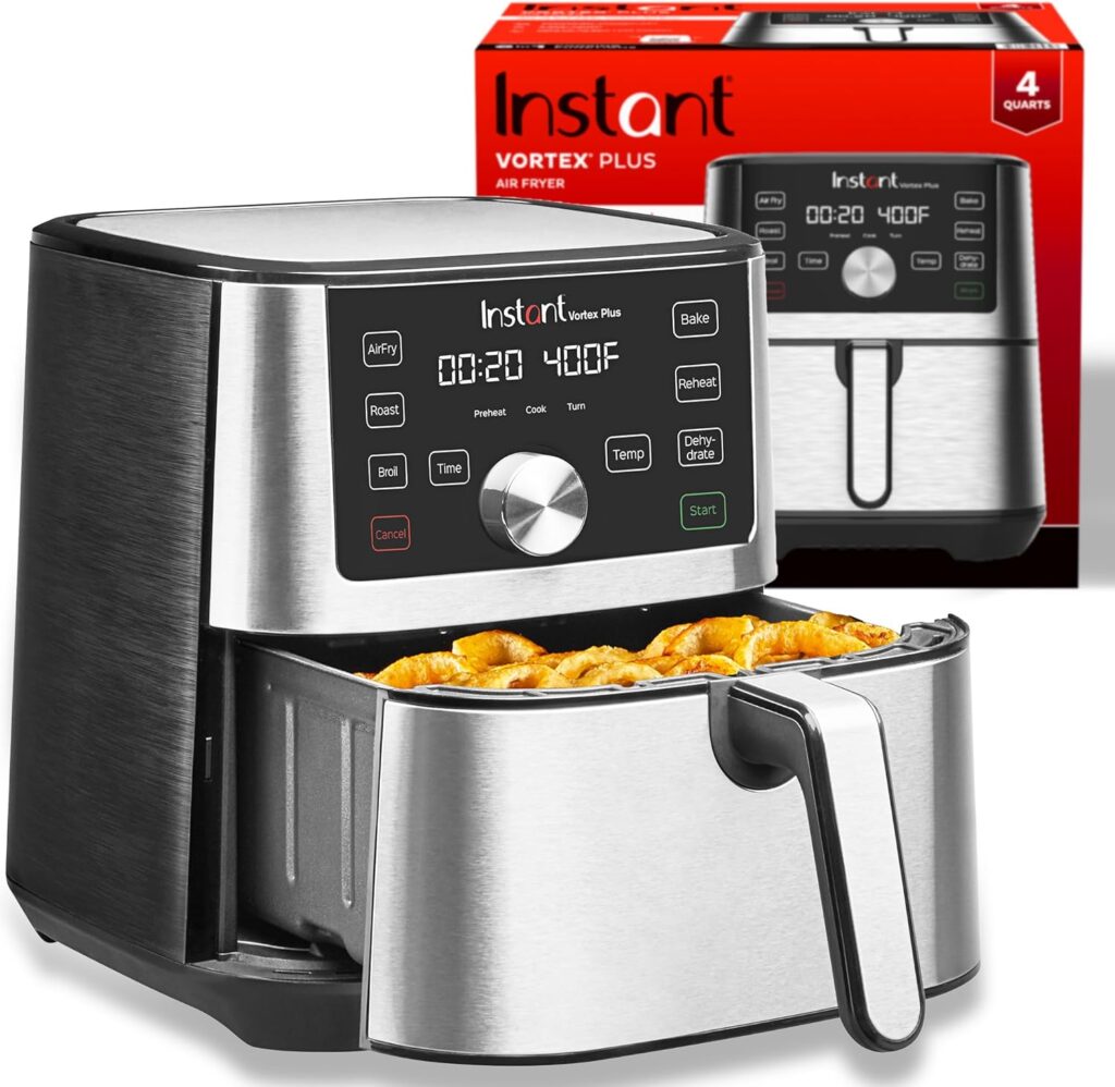 Instant Vortex Plus 4QT Air Fryer, Custom Program Options, 6-in-1 Functions Crisps, Broils, Roasts, Dehydrates, Bakes, Reheats, 100+ In-App Recipes, from the Makers of Instant Pot, Stainless Steel