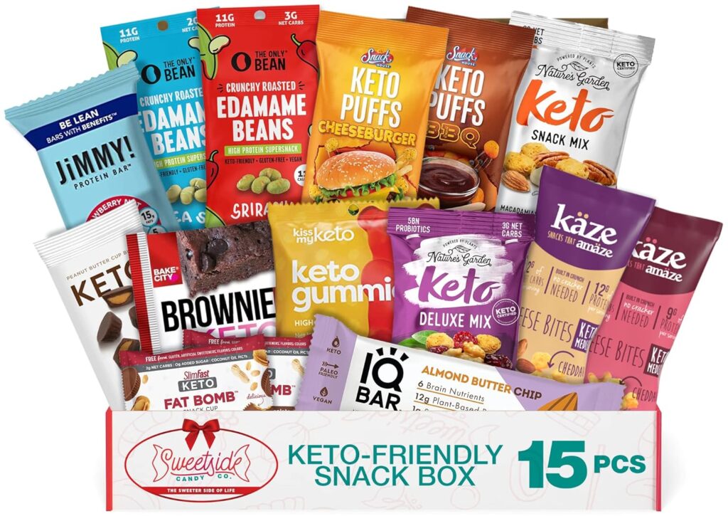 Keto Snack Box - Keto Food Diet Low Carb Snack Variety Pack Mix with Slimfast Keto Fat Bomb Keto Snacks, Keto Bars, Keto Friendly Candy, Keto Sweets, Schoolyard Snacks Keto Cheese Puffs, Keto Bites