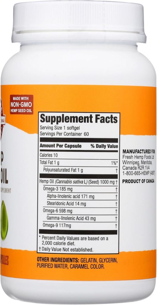 Manitoba Harvest Hemp Seed Oil Softgels, 2,475mg of Plant Based Omegas 3,6 9 per serving including GLA, Fish Oil Alternative, 60 Count (Pack of 1) Packaging May Vary