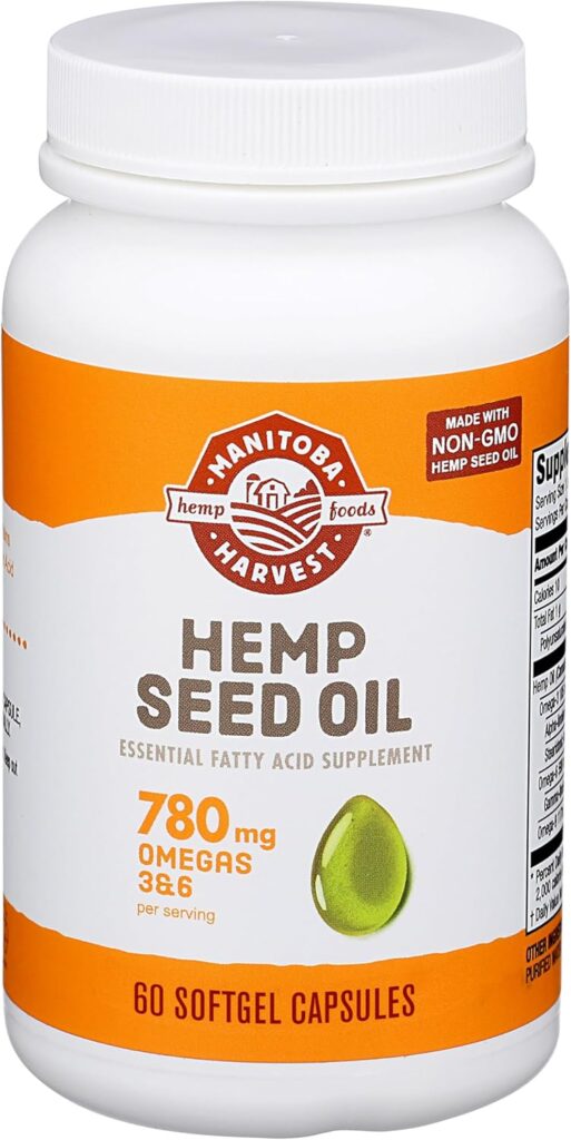 Manitoba Harvest Hemp Seed Oil Softgels, 2,475mg of Plant Based Omegas 3,6 9 per serving including GLA, Fish Oil Alternative, 60 Count (Pack of 1) Packaging May Vary