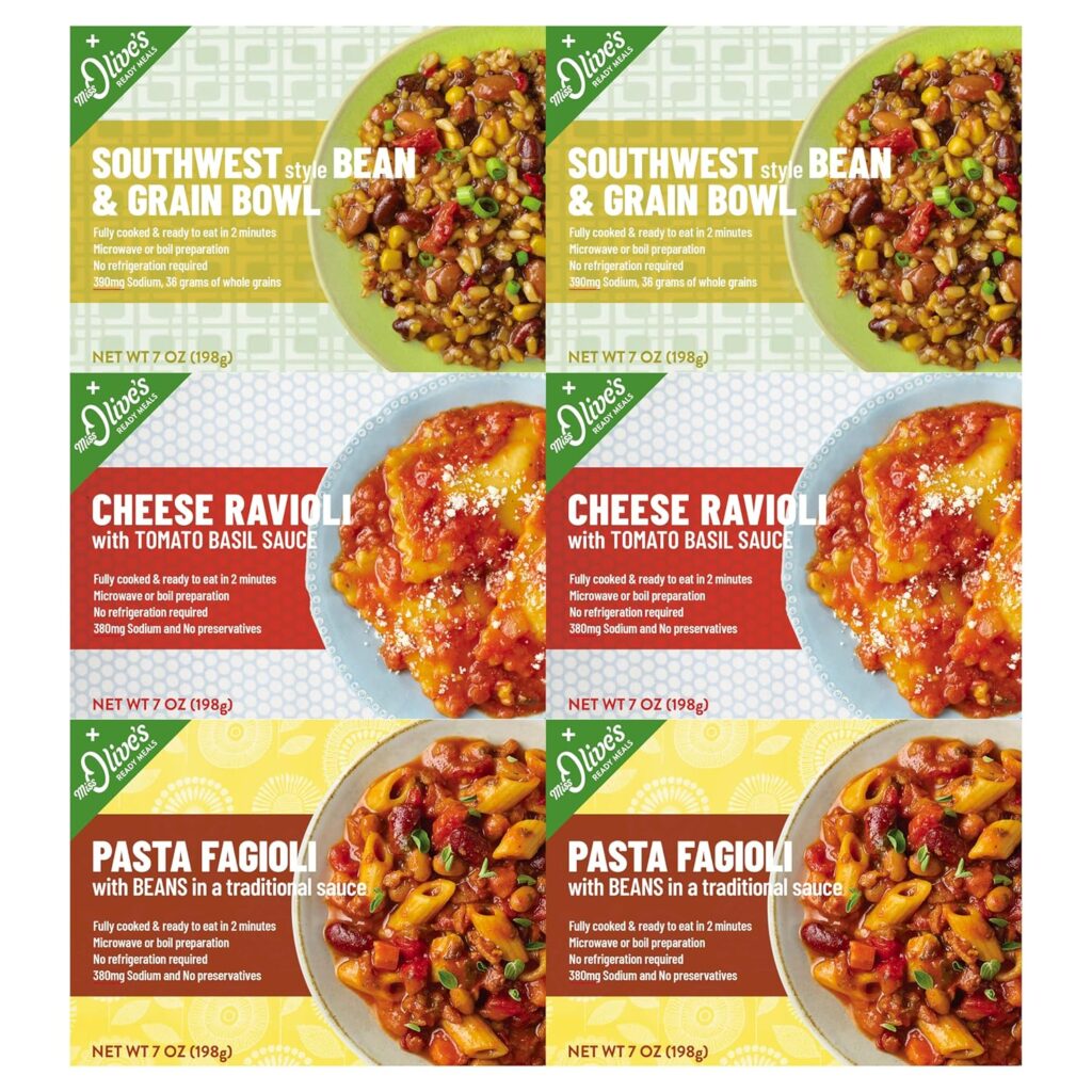 Miss Olives Vegetarian Pack Microwavable Ready Meals (Bundle of 6: 2 each item Cheese Ravioli, Southwest Bean Grain, and Pasta Faggioli)