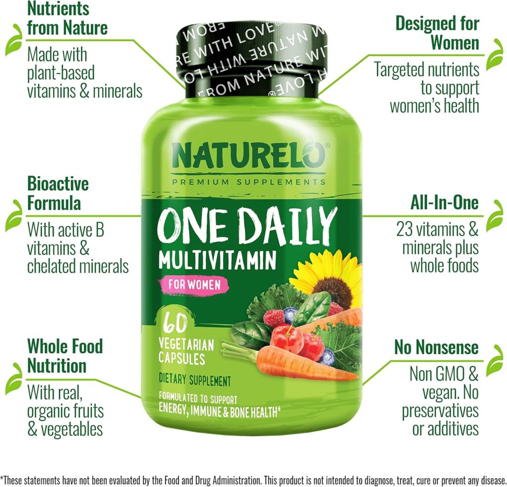 NATURELO One Daily Multivitamin for Women - Energy Support - Whole Food Supplement to Nourish Hair, Skin, Nails - Non-GMO - No Soy - Gluten Free - 60 Capsules - 2 Month Supply