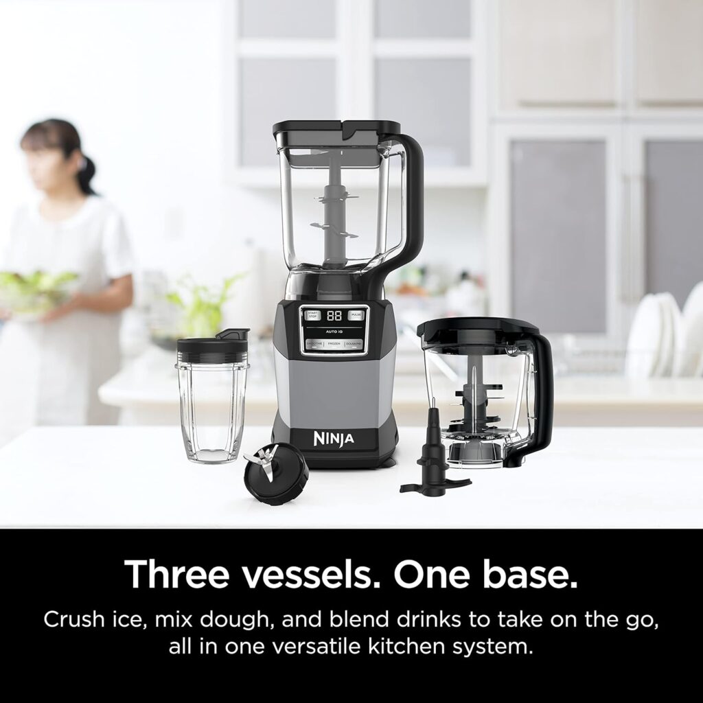 Ninja AMZ493BRN Compact Kitchen System, 1200W, 3 Functions for Smoothies, Dough Frozen Drinks with Auto-IQ, 72-oz.* Blender Pitcher, 40-oz. Processor Bowl 18-oz. Single-Serve Cup, Grey