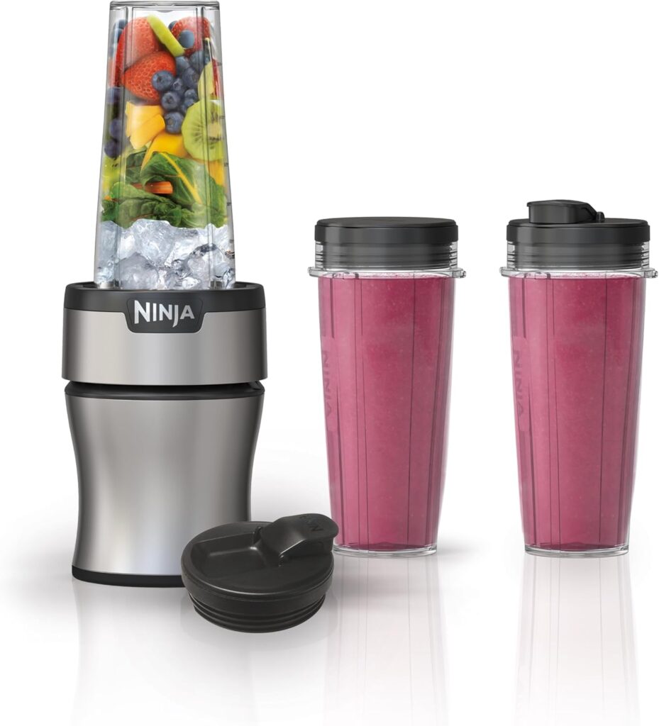 Ninja BN301 Nutri-Blender Plus Compact Personal Blender, 900-Peak-Watt Motor, Frozen Drinks, Smoothies, Sauces More, (3) 20 oz. To-Go Cups, (2) Spout-Lids (1) Storage-Lid, Dishwasher Safe, Silver