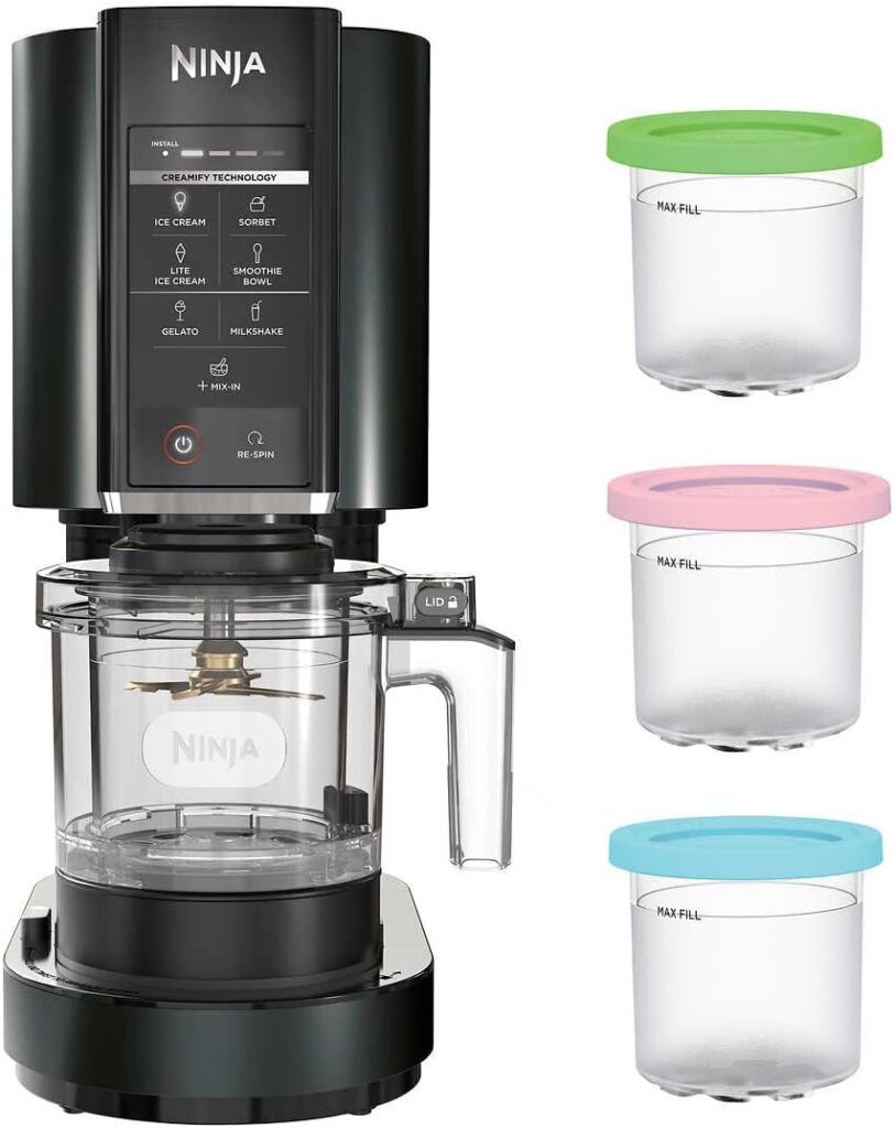 Ninja CN301CO CREAMi Ice Cream Maker, for Gelato, Mix-ins, Milkshakes, Sorbet, Smoothie Bowls More, 7 One-Touch Programs, with (3) Pint Containers Lids, Compact Size, Perfect for Kids, Black (Renewed)