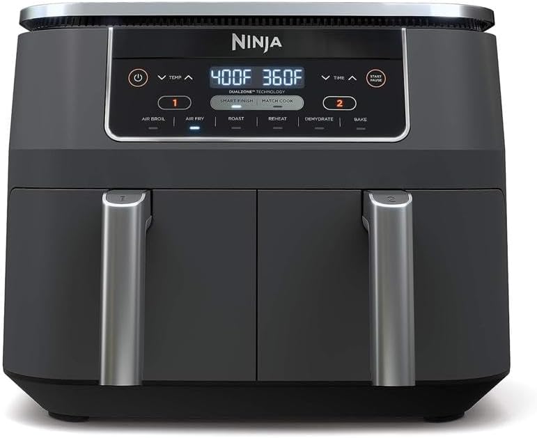 Ninja DZ201 Foodi 8 Quart 6-in-1 DualZone 2-Basket Air Fryer with 2 Independent Frying Baskets, Match Cook Smart Finish to Roast, Broil, Dehydrate More for Quick, Easy Meals, Grey