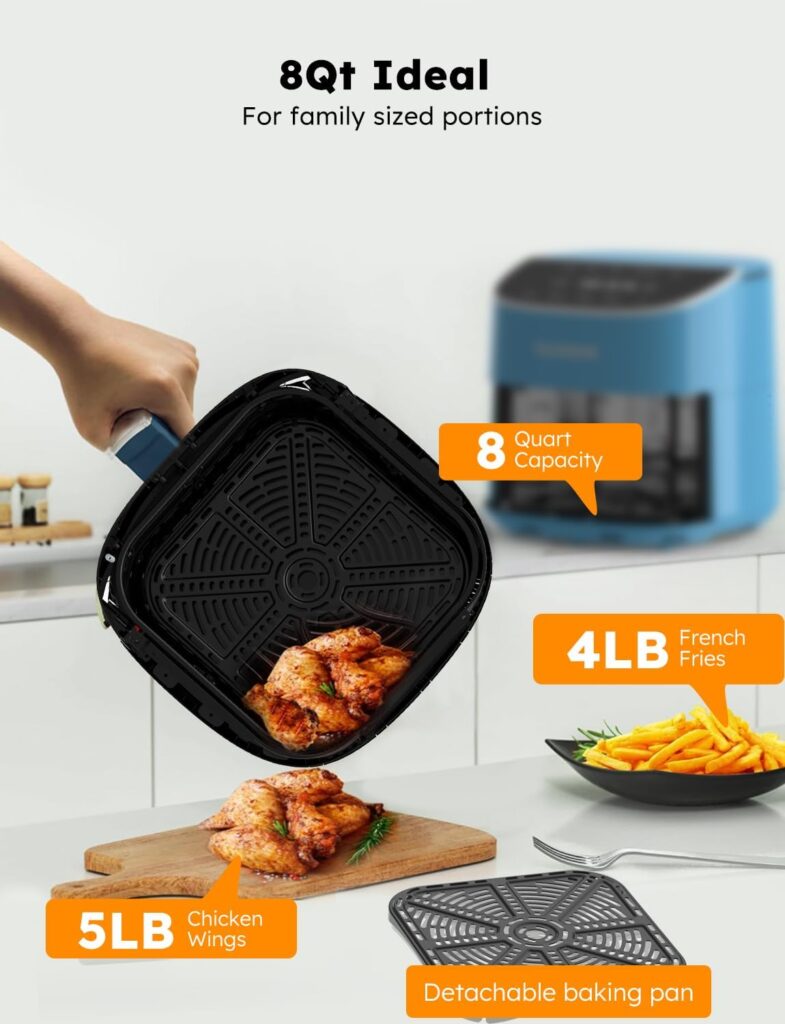 Nuwave Brio Plus 8 Qt Air Fryer, PFAS Free, New Improved, Digital Touch Screen, Cool White Display, 50°F~400°F in Precise 5°, 5 Cook Functions, 100 Presets 50 Memory, 3 Wattages 700, 1500, 1800