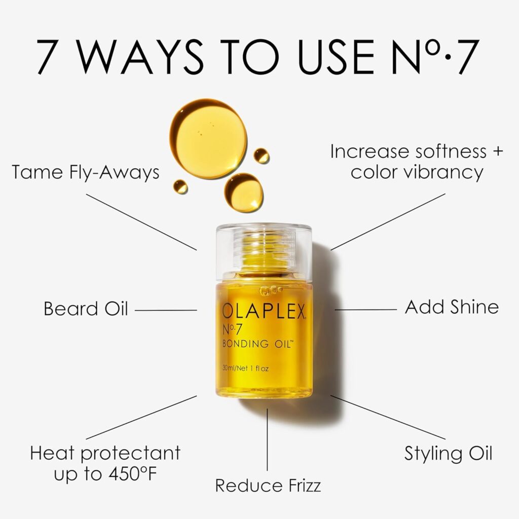 Olaplex No. 7 Bonding Oil, Concentrated High Shine Oil, Heat Protectant, Visibly Smooths Softens Hair, Added Color Vibrancy, Up to 72 Hour Frizz Control, For All Hair Types, 1 fl oz