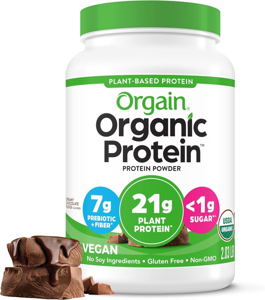 Orgain Organic Vegan Protein Powder, Creamy Chocolate Fudge - 21g Plant Protein, 6g Prebiotic Fiber, Low Net Carb, No Lactose Ingredients, No Added Sugar, Non-GMO, For Shakes Smoothies, 2.03 lb