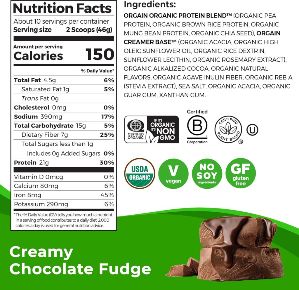 Orgain Organic Vegan Protein Powder, Creamy Chocolate Fudge - 21g Plant Protein, 6g Prebiotic Fiber, Low Net Carb, No Lactose Ingredients, No Added Sugar, Non-GMO, For Shakes Smoothies, 2.03 lb