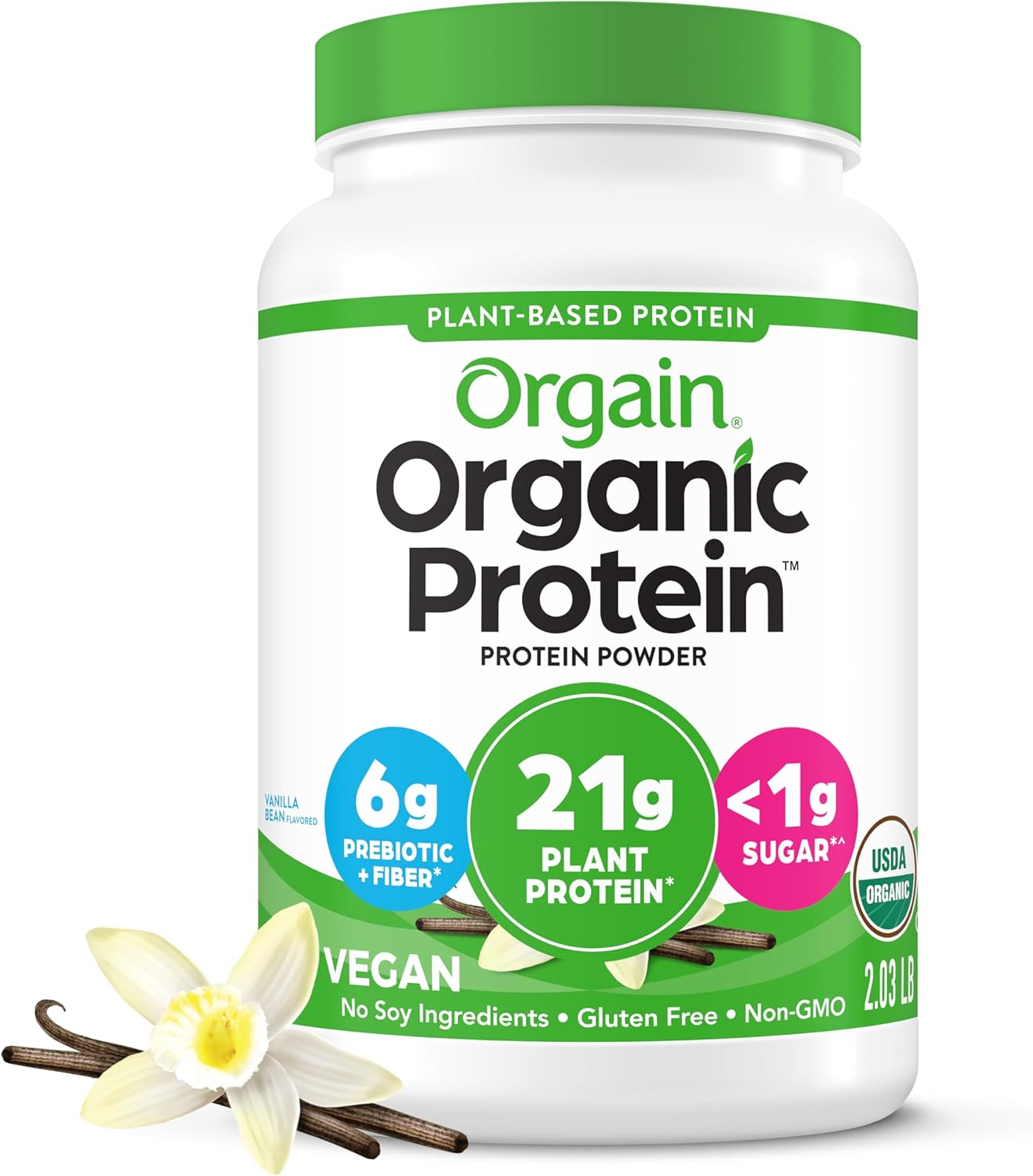 orgain organic vegan protein powder vanilla bean 21g plant protein 6g prebiotic fiber no lactose ingredients no added su 4