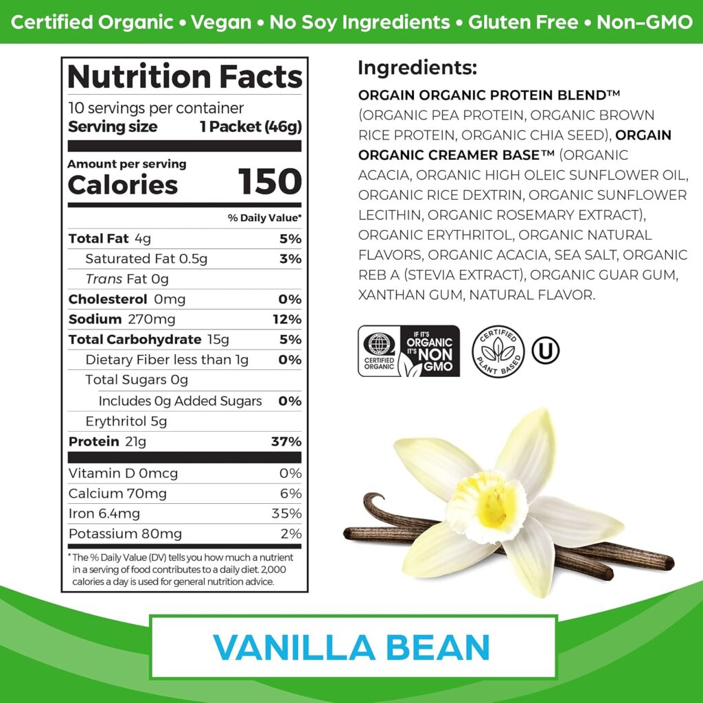 Orgain Organic Vegan Protein Powder, Vanilla Bean - 21g Plant Protein, 6g Prebiotic Fiber, No Lactose Ingredients, No Added Sugar, Non-GMO, For Shakes Smoothies, 2.03 lb (Packaging May Vary)