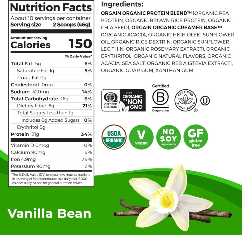 Orgain Organic Vegan Protein Powder, Vanilla Bean - 21g Plant Protein, 6g Prebiotic Fiber, No Lactose Ingredients, No Added Sugar, Non-GMO, For Shakes Smoothies, 2.03 lb (Packaging May Vary)