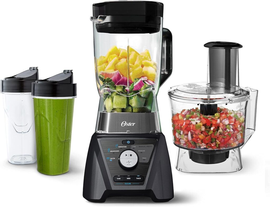 Oster Blender and Food Processor Combo with 3 Settings for Smoothies, Shakes, and Food Chopping, Includes 2 24-Ounce Cups and Lids, Carbon Grey