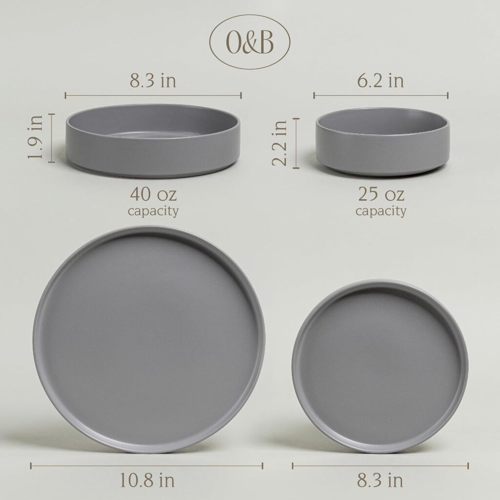 overback Stackable Dinnerware Set - Stoneware Dishes - Comes with 4 Dinner Plates, 4 Salad Plates, and 4 Cereal Bowls - 12-Piece All-Occasion Place Settings - Serves Four - Semi-Matte Black