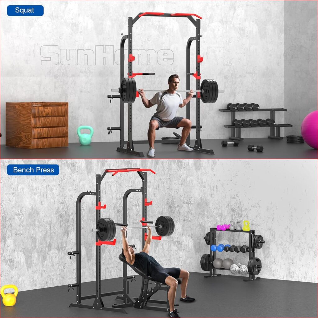 Power Cage Squat Rack, Multi-Functional Power Rack with J-Hooks, Dip Handles, Weight Plate and Olympic Bar Storage Home Gym