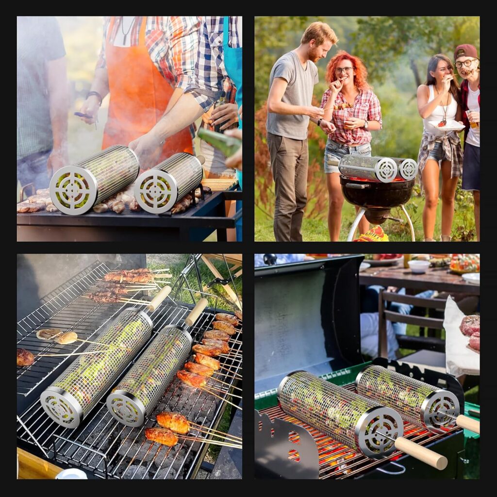 Rolling Grilling Baskets for Outdoor Grill, 2 Pcs BBQ Stainless Steel Grill accessories set, Camping Picnic Cooking Accessories for Suitable for Vegetable/Shrimp/Chicken, Gifts for Men Dad Husband