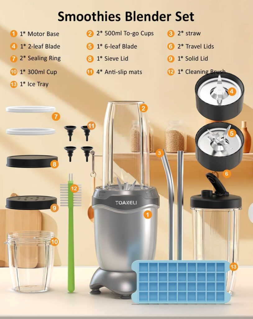 Smoothie Blender, 850 W Compact Personal Blender, Juice Blender Set Frozen Drinks, Shake, Sauces More, 2 * 20 Oz To-Go Cups, 2*Spout-Lids, Silver