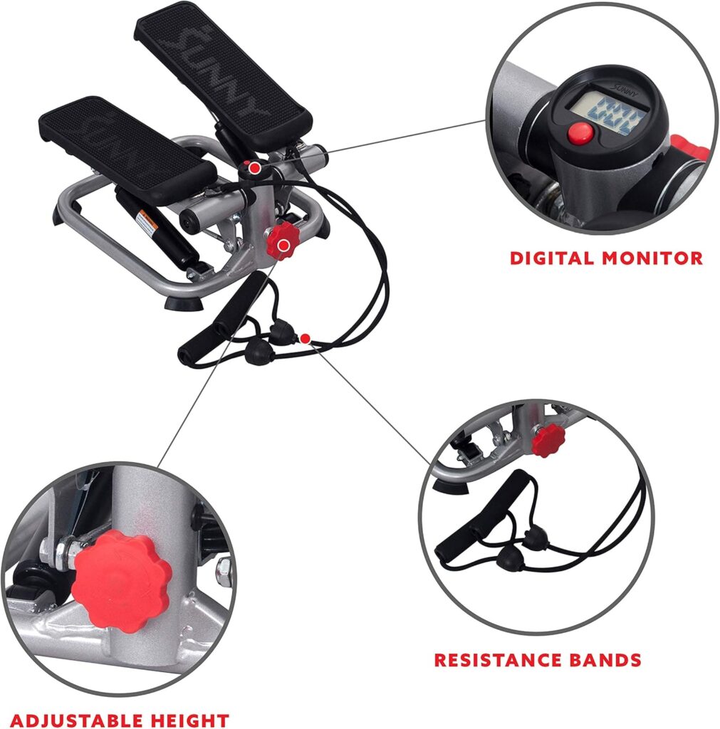 Sunny Health Fitness Advanced Mini Steppers for Exercise at Home, Total Body Workout Stair Step Machine with Resistance Bands, Optional Smart Stepper with SunnyFit App Connection