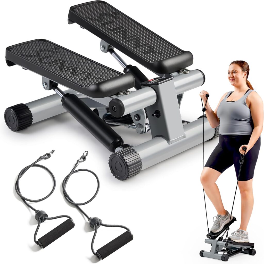 Sunny Health Fitness Mini Steppers for Exercise at Home, Stair Step Workout Machine with Resistance Bands, Full Body Cardio Equipment, Optional Smart Stepper with SunnyFit App Connection