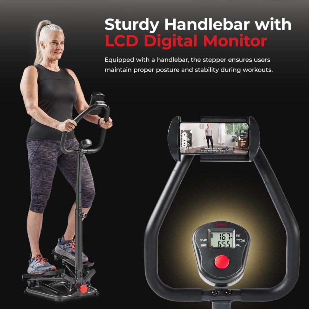 Sunny Health Fitness Stair Twist Steppers for Exercise at Home Machine with Handlebar Mini Side to Side Stepper Climber W Optional Connected Fitness