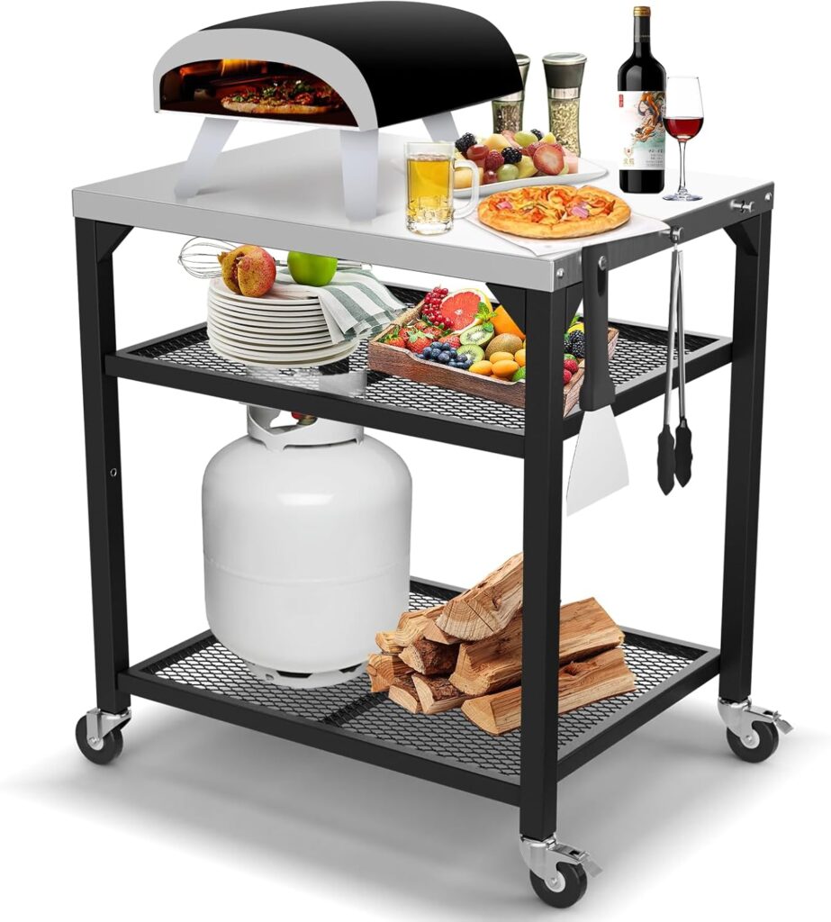 Three-Shelf Movable Outdoor Grill Table for Ninja Woodfire, Ooni Pizza Oven,Blackstone Griddle, 2024 Upgrade Thicken Cart with Drawer Side Table on Wheels,Cuisinart Grill/Pizza Cart Stand