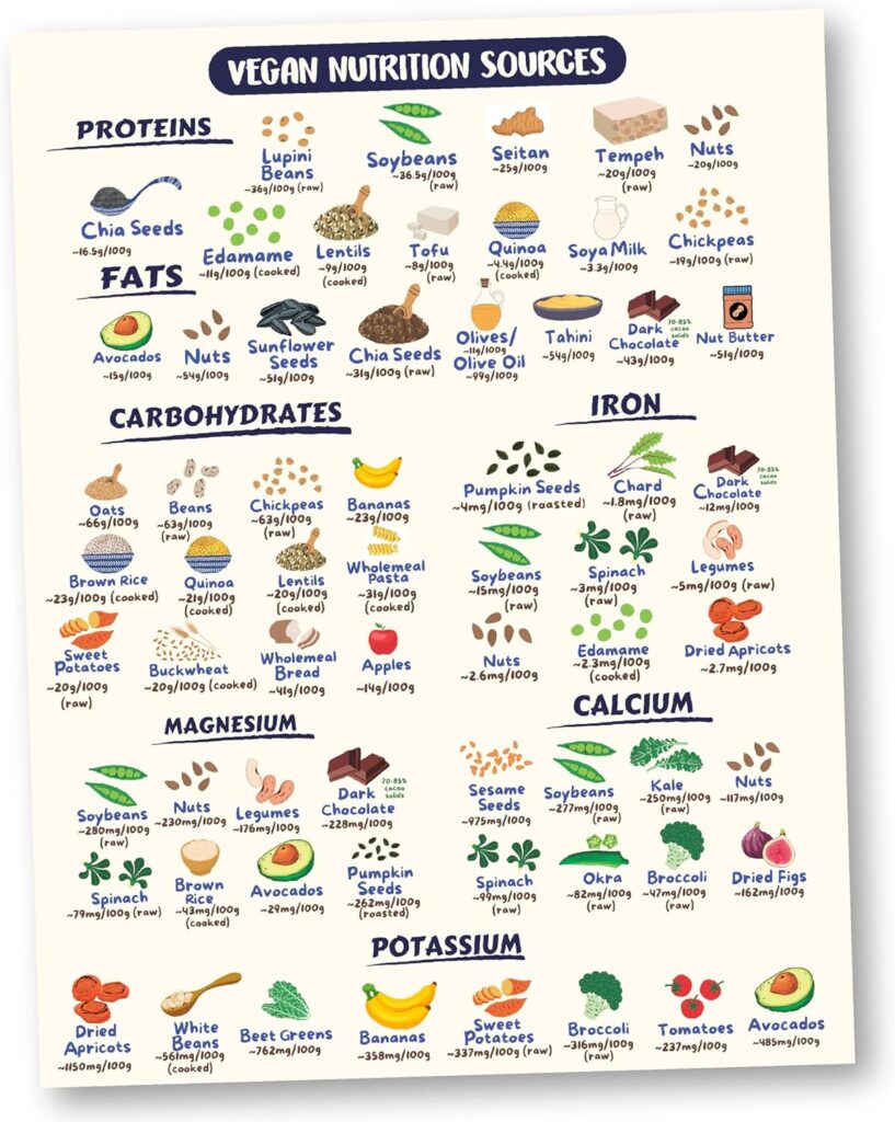 Vegan Health Foods Chart Fridge Magnet | Nutritional Guide for Keto High Protein Vegan Vegetarian Diets | Decorative Food Magnet Cheat Sheet | Durable Waterproof | 8.5 x 11 Size