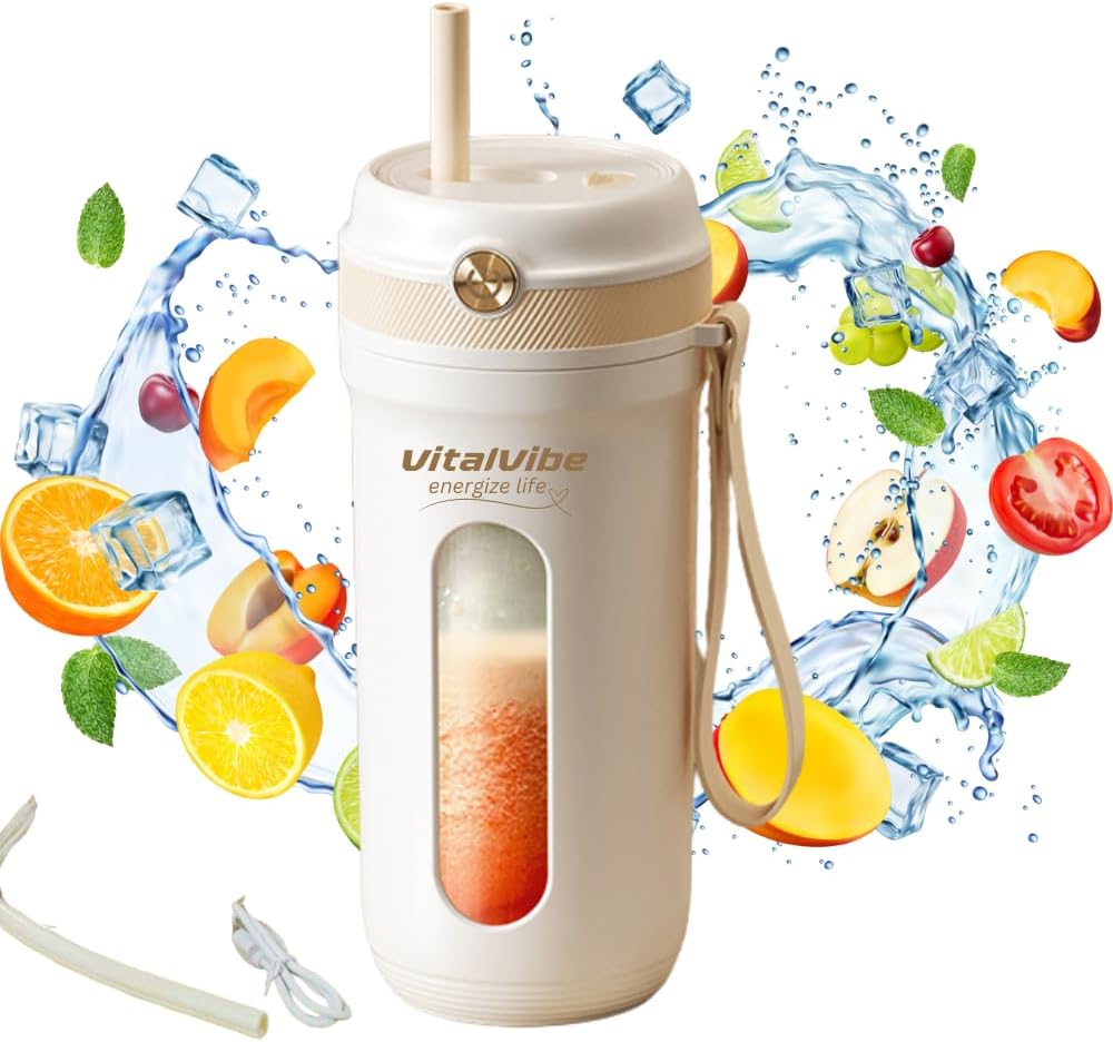 VitalVibe Portable Blender, Mini Fruit Mixer Bottle Blender, 350ml with Type-C Usb Rechargeable, Blender for Shakes and Smoothies, 10 Blades, White, Portable Blender for Home/Office/Car/Camp/Travel